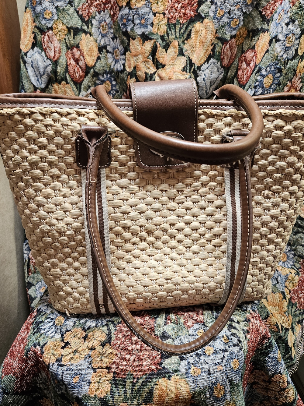 Ralph Lauren Beige Woven Straw Shoulder Bag with Brown Leather Trim